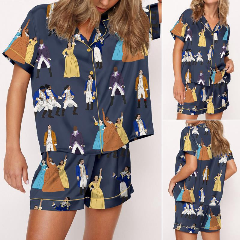 SHESHOW Hamilton Satin Pajama Set for Women Print Comfy Satin Sleepwear & Loungewear Pjs Printing Silky Top & Bottoms