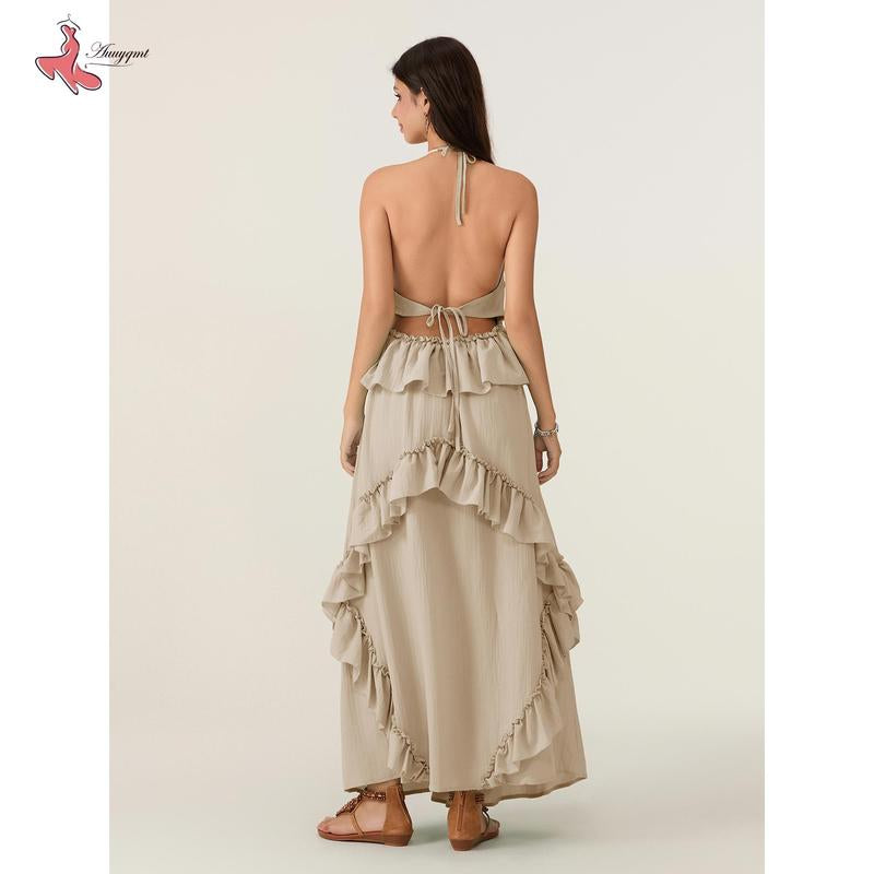 Women Long Dress, Sleeveless Halter Dress Backless Ruffled Summer Swing Dress for Vacation Beach