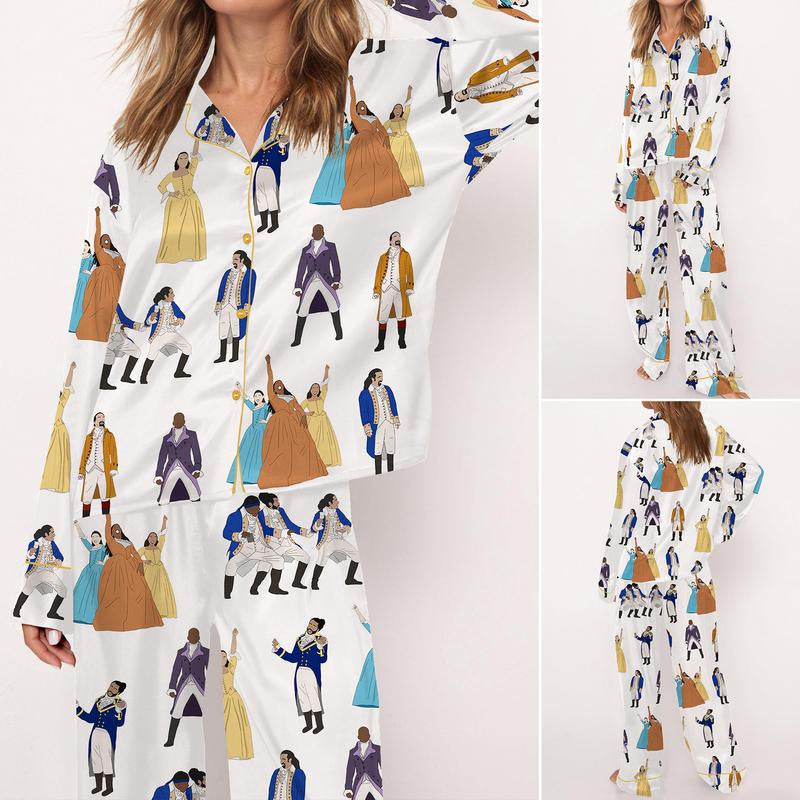 SHESHOW Hamilton Satin Pajama Set for Women Print Comfy Satin Sleepwear & Loungewear Pjs Printing Silky Top & Bottoms
