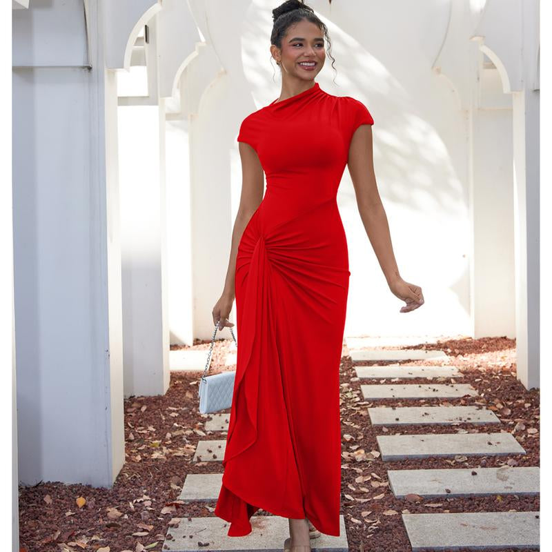 OYS Women'S Casual Short Sleeve Boat Neck Ruched High Split Bodycon Long Party Dress