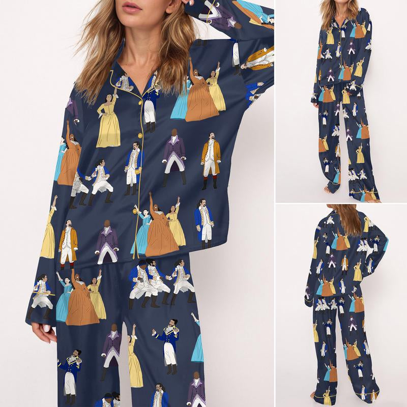 SHESHOW Hamilton Satin Pajama Set for Women Print Comfy Satin Sleepwear & Loungewear Pjs Printing Silky Top & Bottoms