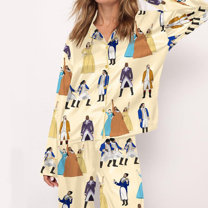 SHESHOW Hamilton Satin Pajama Set for Women Print Comfy Satin Sleepwear & Loungewear Pjs Printing Silky Top & Bottoms