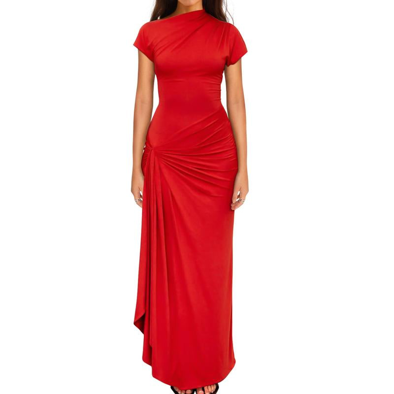 OYS Women'S Casual Short Sleeve Boat Neck Ruched High Split Bodycon Long Party Dress