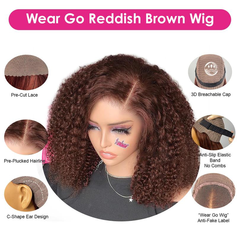 【Zakaiyah B.】ISEE Wear Go Kinky Curly Reddish Brown Color Glueless Human Hair 6*4 Lace Closure Wig Beginner Friendly Gifts for Girlfriend/Wife/Family Outdoorfun #Summervibes