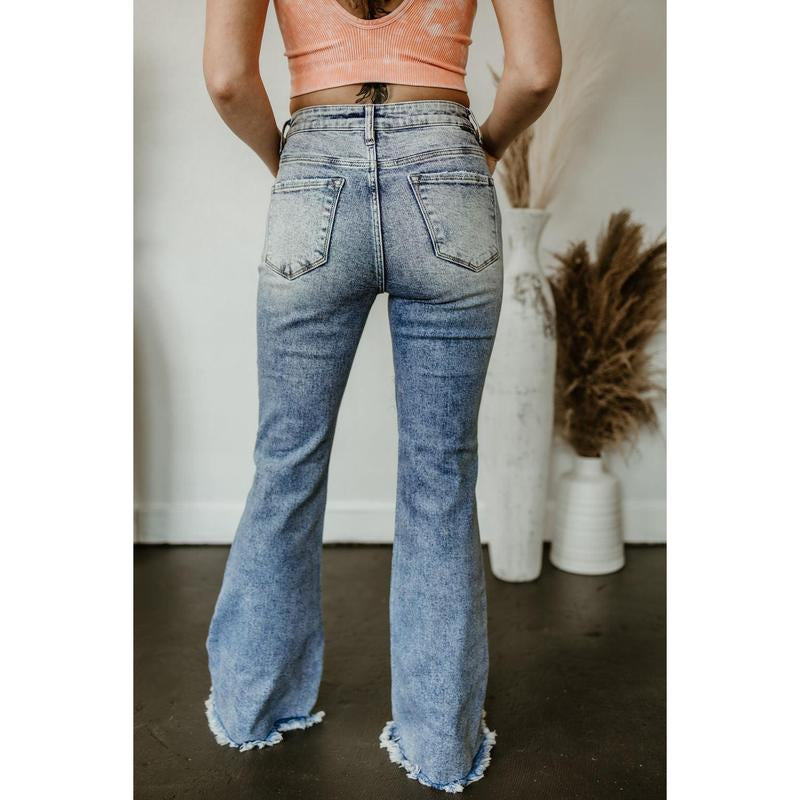 Dani Morgans Exclusive Risen Acid Wash Tummy Control High Rise Distressed Flare Jeans