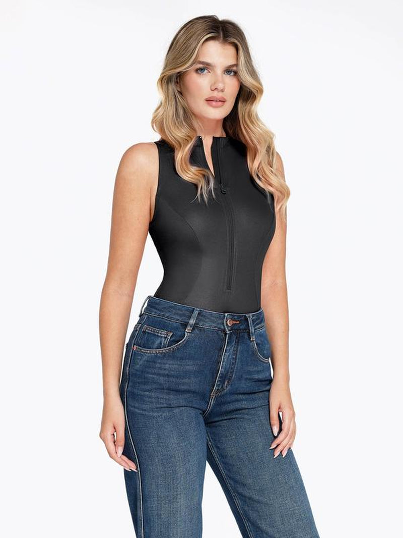 Popilush Shapewear Faux Leather Mock Neck Zip Front Sculpting Bodysuit-Live