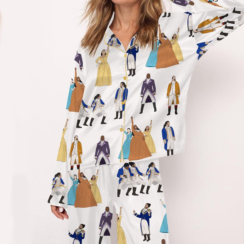 SHESHOW Hamilton Satin Pajama Set for Women Print Comfy Satin Sleepwear & Loungewear Pjs Printing Silky Top & Bottoms