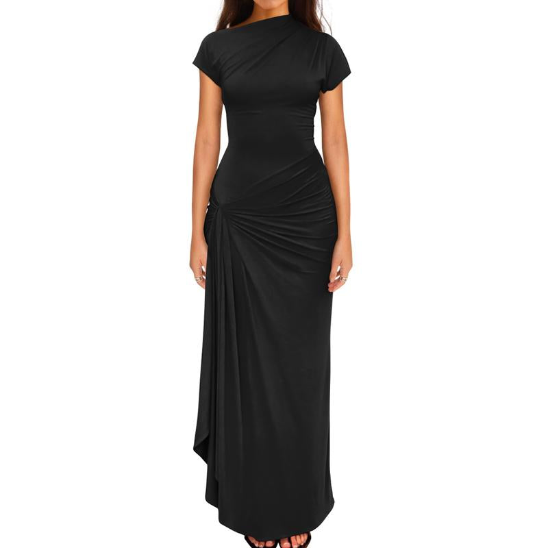 OYS Women'S Casual Short Sleeve Boat Neck Ruched High Split Bodycon Long Party Dress