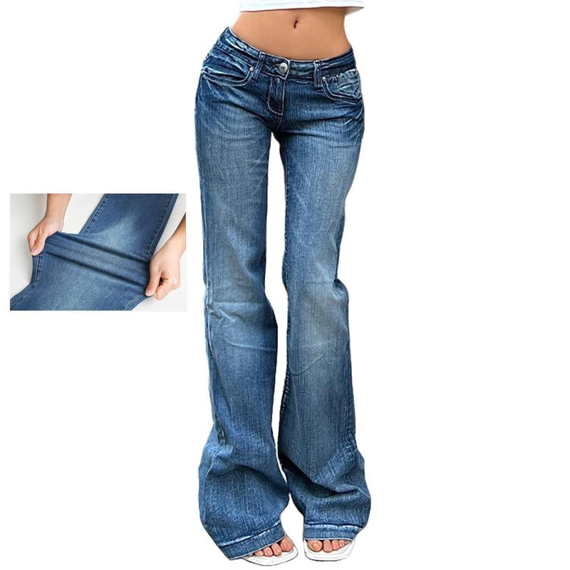 EMMIOL Women'S Vintage Denim Y2K Flare Leg Jeans - Casual Style, Mid-Low Waist, Functional Pockets, Cotton and Polyester Blend, All Seasons - Comfort Pants Blue Trendy Authentic Touch Womenswear Bottom Trouser Streetwear Skinny Slim