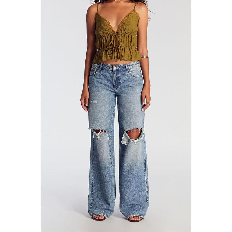 Pacsun Women'S Casey Low Rise Baggy Jeans Ripped Medium Indigo