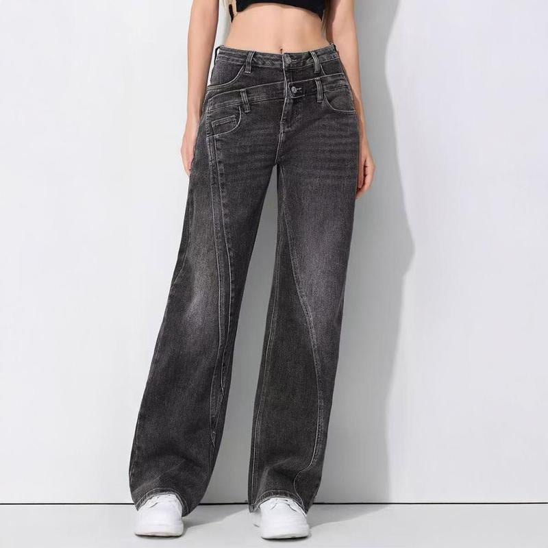 Katchme Women'S Street Chic High Waist Patchwork Wide Leg Jeans, Vintage Fake Two-Piece Denim Trousers, Baggy Jeans Outfits