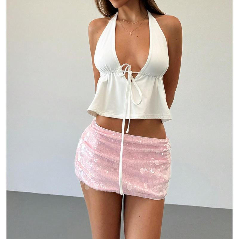 Shiny Pink Sequin Embellished Low Waist Mini Shorts for Young Women, Festival/Street Wear