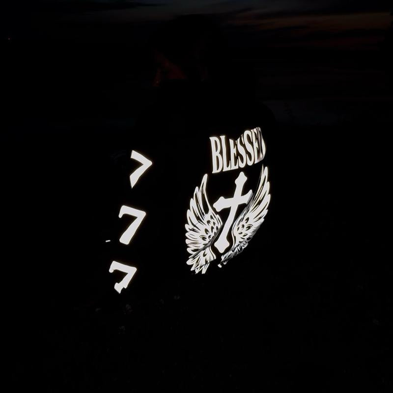 "BLESSED"- Reflective Biker Hoodie, Nighttime Hoodie, Reflective Hoodie, Black Pullover Hoodie, Reflective, Menswear, Womenswear
