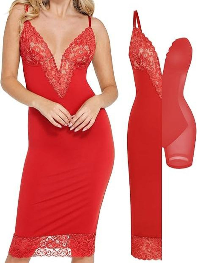 Popilush Lace Bodycon Dress Deep V-Neck Spaghetti Strap Shapewear Women Tummy Control Cocktail Party#Tiktokshopbacktoschool