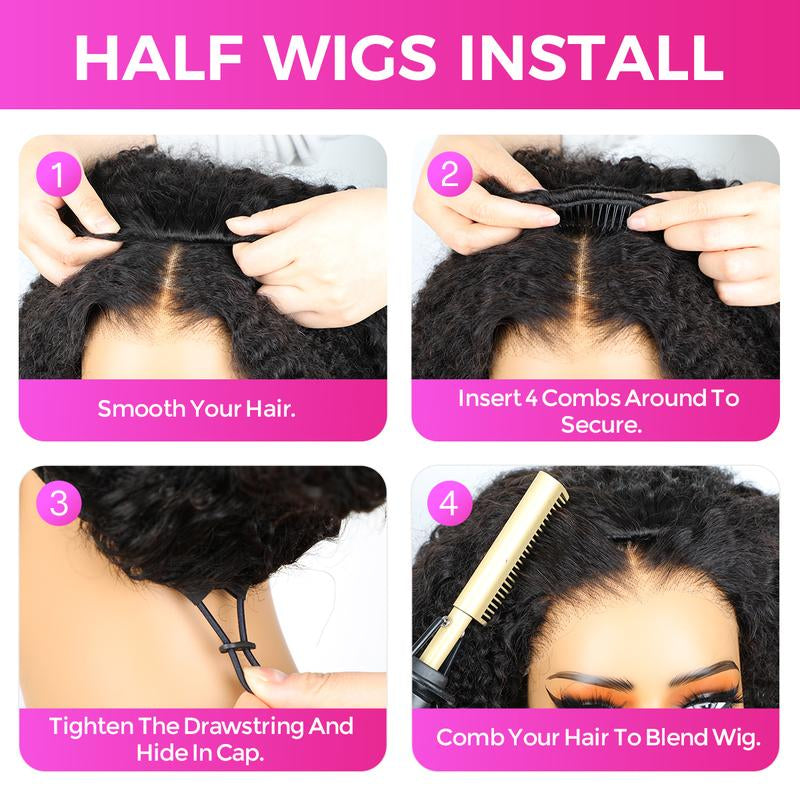 Vshow 3 in 1 Half Wigs Kinky Straight Human Hair Glueless Wigs 250% Density with Natural Hairline Easy Install Half Wigs for Beginners Protective Style #Dealsforyoudays