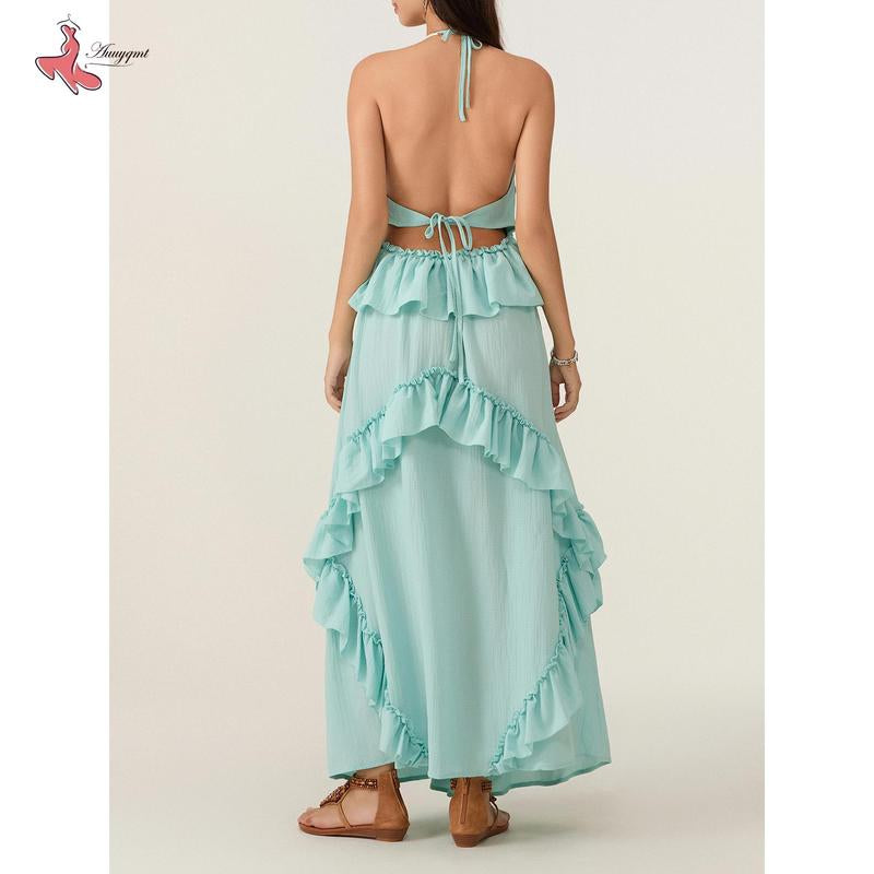 Women Long Dress, Sleeveless Halter Dress Backless Ruffled Summer Swing Dress for Vacation Beach