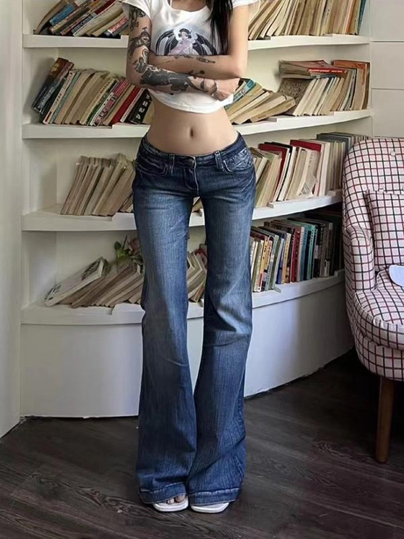 EMMIOL Women'S Vintage Denim Y2K Flare Leg Jeans - Casual Style, Mid-Low Waist, Functional Pockets, Cotton and Polyester Blend, All Seasons - Comfort Pants Blue Trendy Authentic Touch Womenswear Bottom Trouser Streetwear Skinny Slim