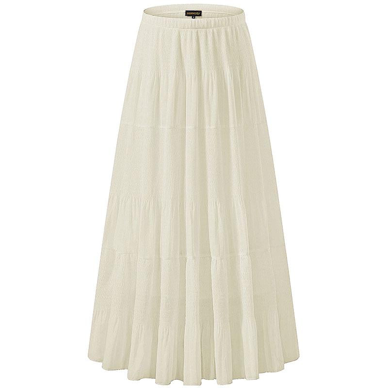 NASHALYLY Women'S Chiffon Elastic High Waist Pleated A-Line Flared Maxi Skirts Breathable & Comfortable Casual Summer Wear White Black Gymskirt