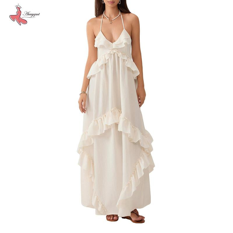 Women Long Dress, Sleeveless Halter Dress Backless Ruffled Summer Swing Dress for Vacation Beach