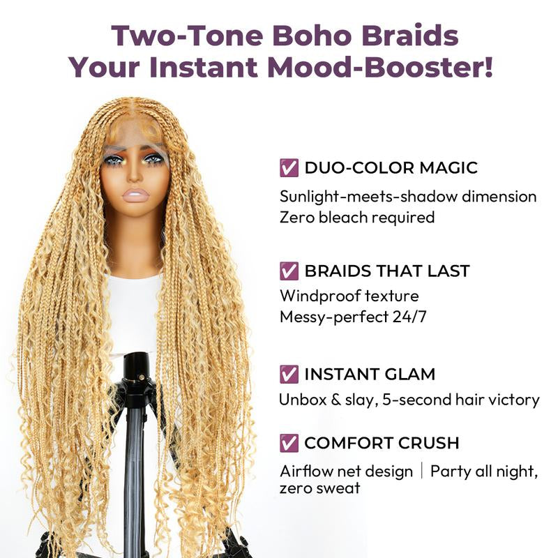 Holiday Musts #T274/614 36 Inches Full Lace Premium Synthetic Fiber Bohemian Box Braided Wigs Knotless Supernova Hair Ash Blonde Wig Outdoorfun