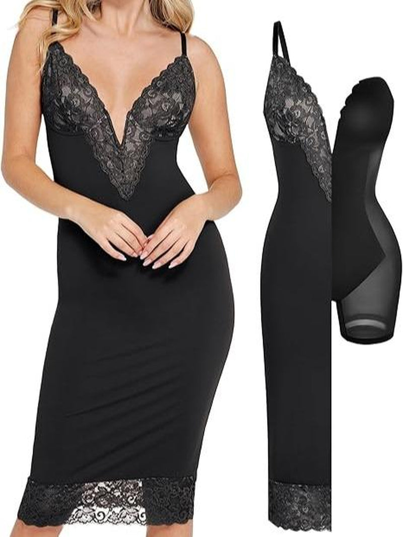 Popilush Lace Bodycon Dress Deep V-Neck Spaghetti Strap Shapewear Women Tummy Control Cocktail Party#Tiktokshopbacktoschool