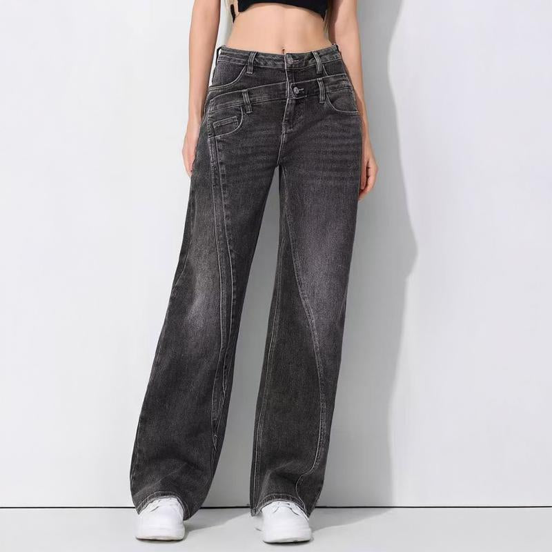 Katchme Women'S Street Chic High Waist Patchwork Wide Leg Jeans, Vintage Fake Two-Piece Denim Trousers, Baggy Jeans Outfits