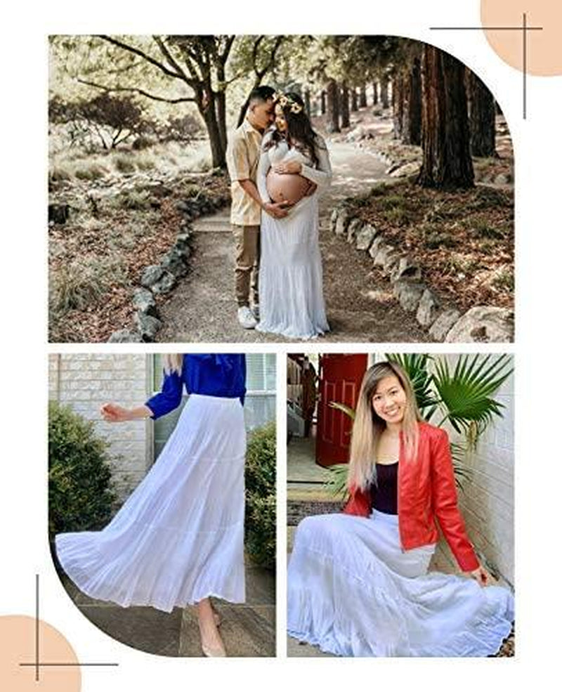 NASHALYLY Women'S Chiffon Elastic High Waist Pleated A-Line Flared Maxi Skirts Breathable & Comfortable Casual Summer Wear White Black Gymskirt