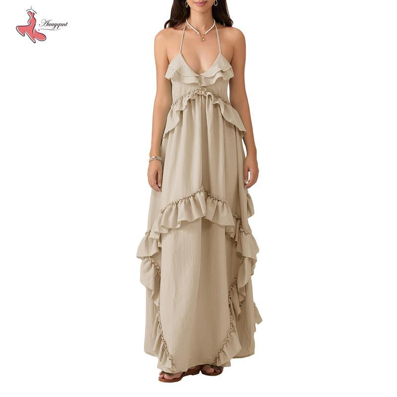 Women Long Dress, Sleeveless Halter Dress Backless Ruffled Summer Swing Dress for Vacation Beach
