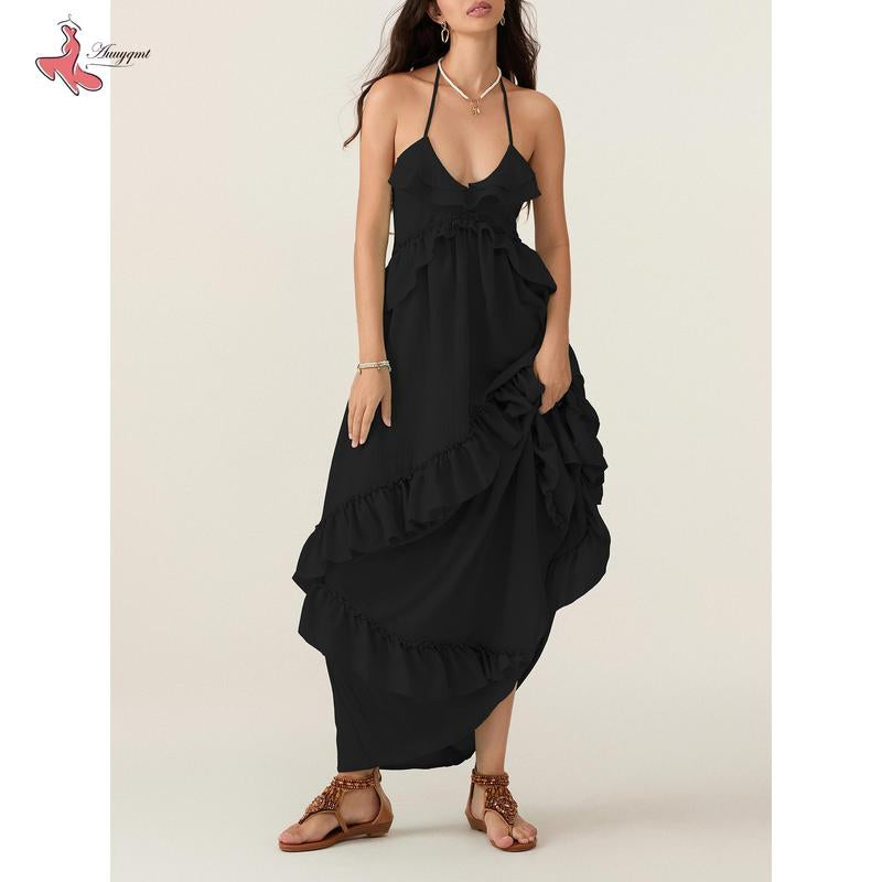 Women Long Dress, Sleeveless Halter Dress Backless Ruffled Summer Swing Dress for Vacation Beach