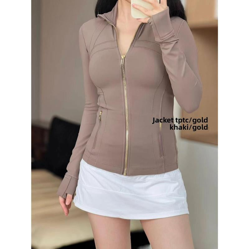 Women's Solid Zip-Up Pocket Jacket - Long Sleeve Stand Collar Outerwear for Fall, Ideal for Workouts, Tennis, and Gym Activities - Comfortable and Breathable Activewear in Blue