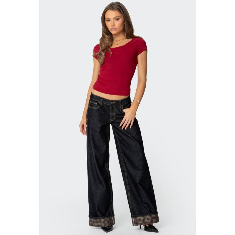 Plaid Cuffed Low Rise Jeans