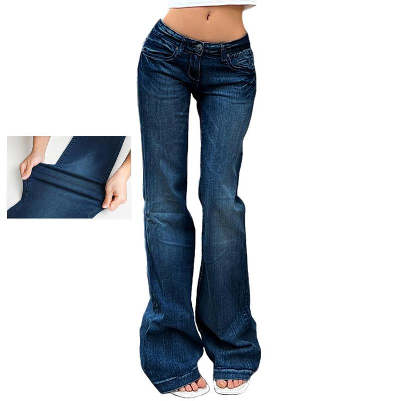 EMMIOL Women'S Vintage Denim Y2K Flare Leg Jeans - Casual Style, Mid-Low Waist, Functional Pockets, Cotton and Polyester Blend, All Seasons - Comfort Pants Blue Trendy Authentic Touch Womenswear Bottom Trouser Streetwear Skinny Slim