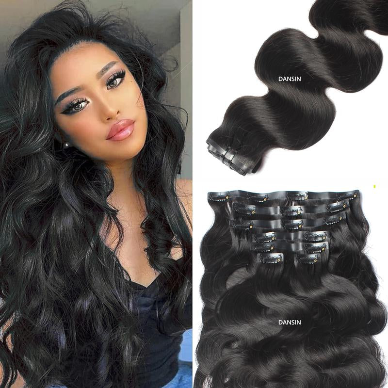DANSIN Super Flat Seamless Clip in Hair Extensions Natural Black Silky Straight Body Wave Yaki Kinky Curly 100% Brazilian Virgin Human Hair Clip Ins