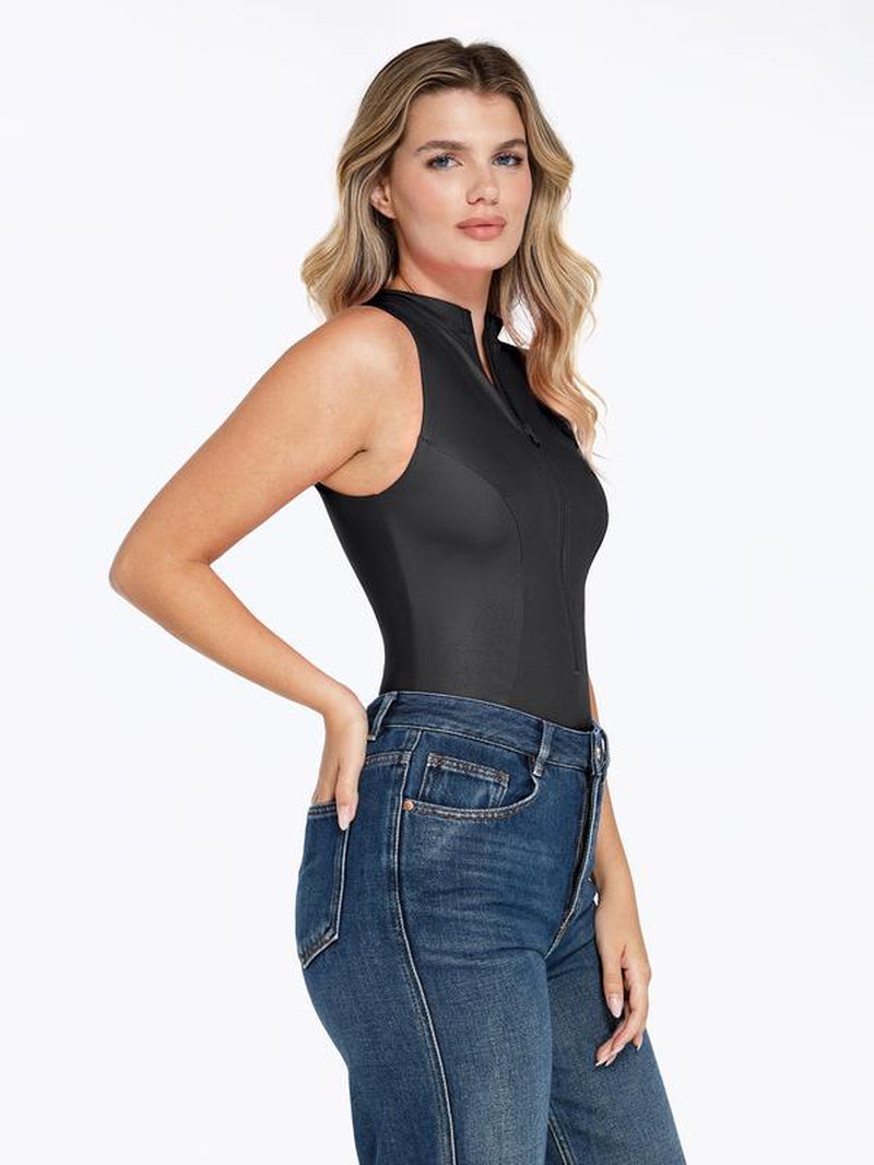 Popilush Shapewear Faux Leather Mock Neck Zip Front Sculpting Bodysuit-Live