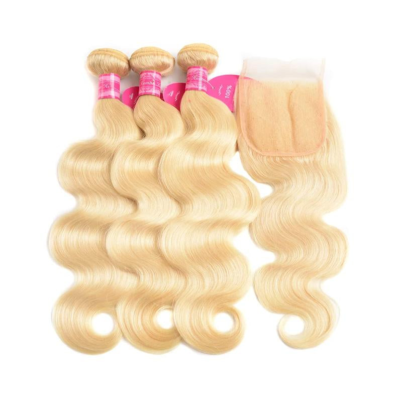 Beauty Queen 613 Blonde Bundles with 4×4 Lace Closure Brazilian Body Wave 3 Bundles with Closure Blonde Human Hair Bundles with Closure Remy Hair