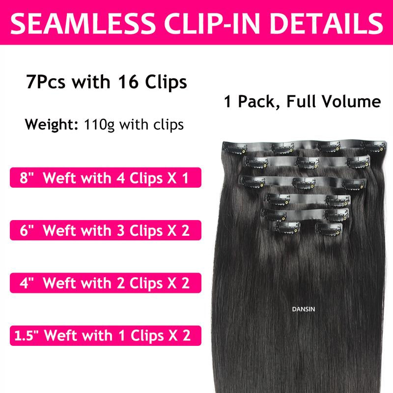 DANSIN Super Flat Seamless Clip in Hair Extensions Natural Black Silky Straight Body Wave Yaki Kinky Curly 100% Brazilian Virgin Human Hair Clip Ins