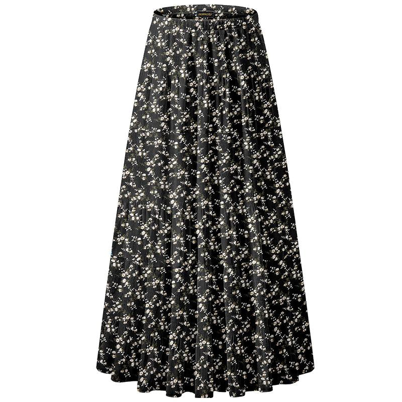 NASHALYLY Women'S Chiffon Elastic High Waist Pleated A-Line Flared Maxi Skirts Breathable & Comfortable Casual Summer Wear White Black Gymskirt
