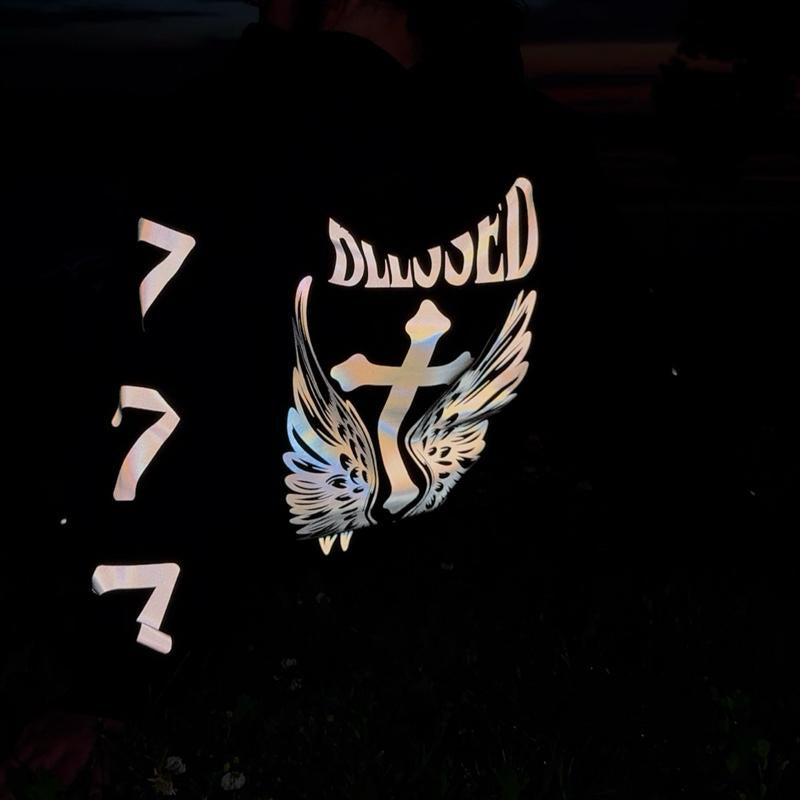"BLESSED"- Reflective Biker Hoodie, Nighttime Hoodie, Reflective Hoodie, Black Pullover Hoodie, Reflective, Menswear, Womenswear