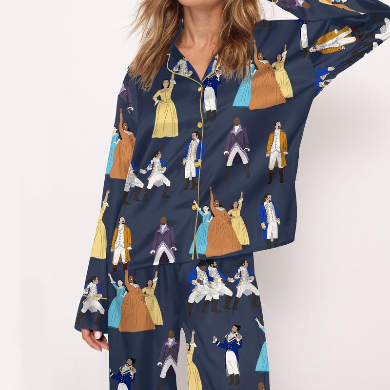 SHESHOW Hamilton Satin Pajama Set for Women Print Comfy Satin Sleepwear & Loungewear Pjs Printing Silky Top & Bottoms