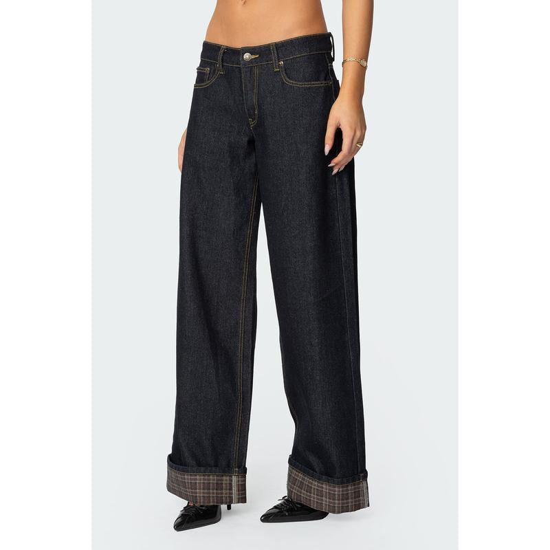 Plaid Cuffed Low Rise Jeans