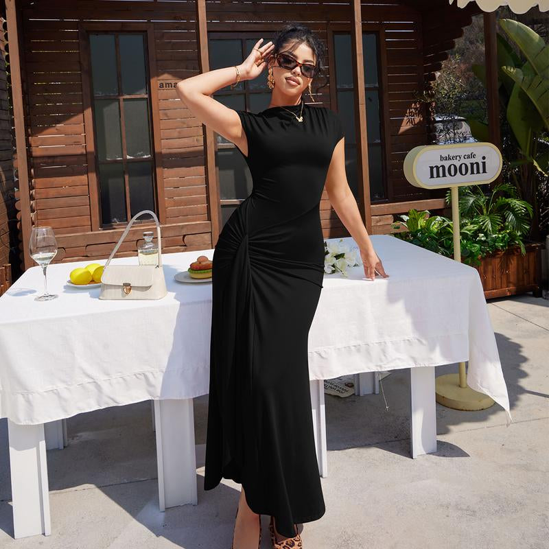 OYS Women'S Casual Short Sleeve Boat Neck Ruched High Split Bodycon Long Party Dress