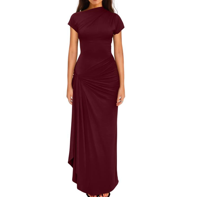 OYS Women'S Casual Short Sleeve Boat Neck Ruched High Split Bodycon Long Party Dress