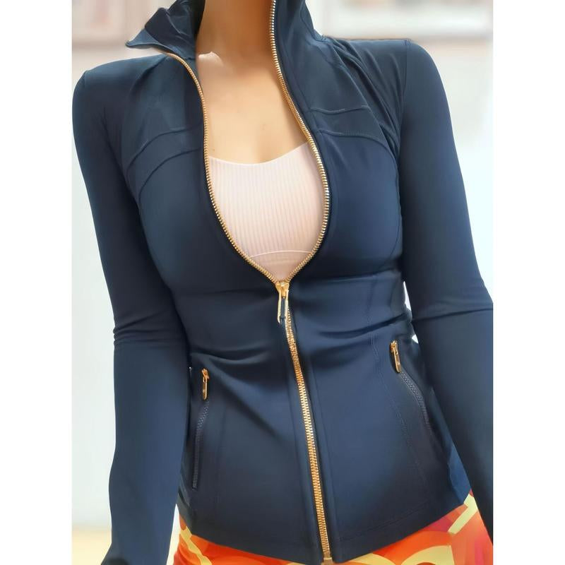 Women's Solid Zip-Up Pocket Jacket - Long Sleeve Stand Collar Outerwear for Fall, Ideal for Workouts, Tennis, and Gym Activities - Comfortable and Breathable Activewear in Blue