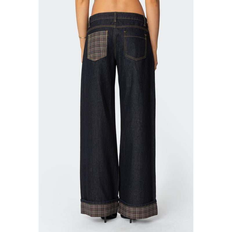 Plaid Cuffed Low Rise Jeans