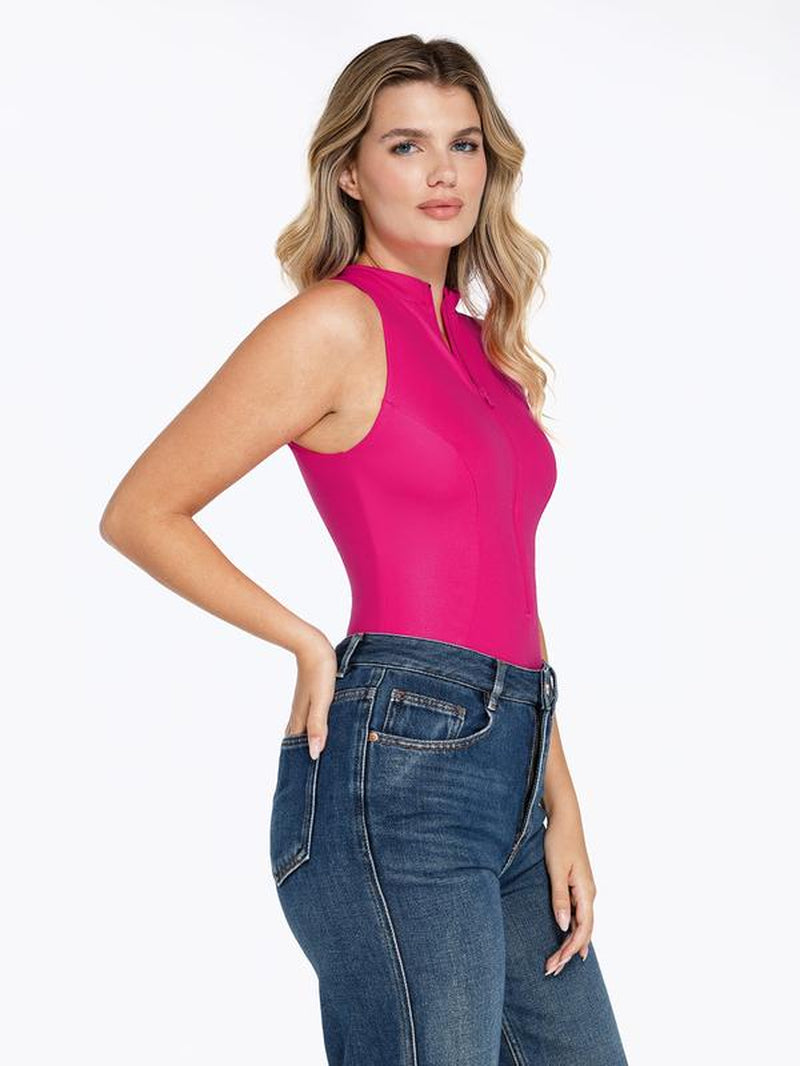 Popilush Shapewear Faux Leather Mock Neck Zip Front Sculpting Bodysuit-Live