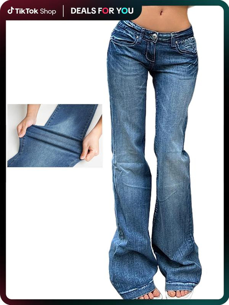 EMMIOL Women'S Vintage Denim Y2K Flare Leg Jeans - Casual Style, Mid-Low Waist, Functional Pockets, Cotton and Polyester Blend, All Seasons - Comfort Pants Blue Trendy Authentic Touch Womenswear Bottom Trouser Streetwear Skinny Slim