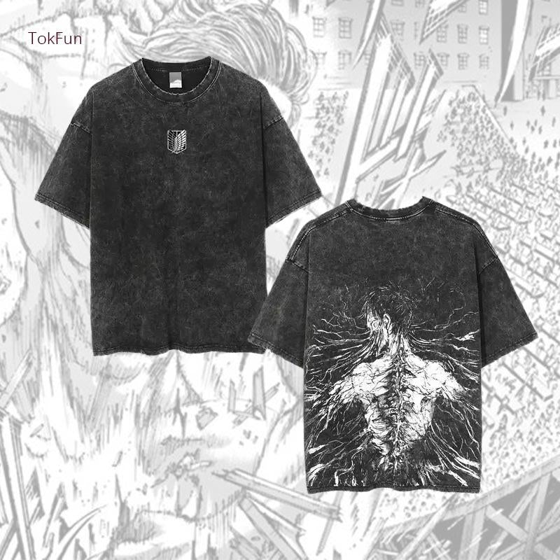Eren Attack on Titan Cotton Wash T-Shirt Survey Corps Cosplay Short-Sleeved Novel Comfortable Unisex Clothing Top Tee Menswear Tshirt Streetwear Tropical