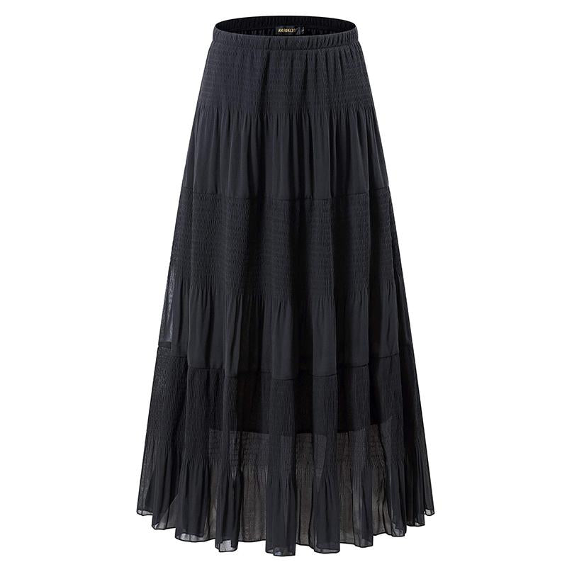 NASHALYLY Women'S Chiffon Elastic High Waist Pleated A-Line Flared Maxi Skirts Breathable & Comfortable Casual Summer Wear White Black Gymskirt